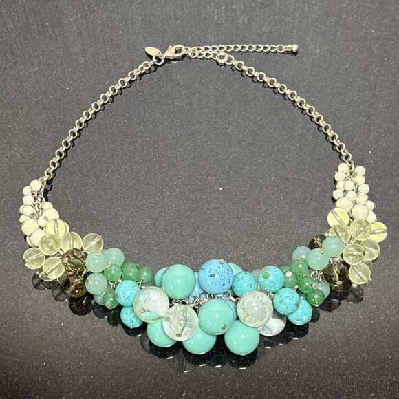 Lia Sophia Chunky Statement Necklace Faux Turquoise Jade Pearl 70s Mrs Roper - Picture 1 of 9